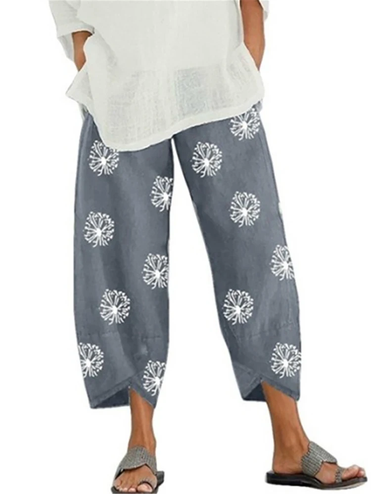 Women Cotton Linen Harem Pants Vintage Printed Wide Leg Trousers Casual Solid Pockets Harajuku High Waist Baggy Pants Joggers