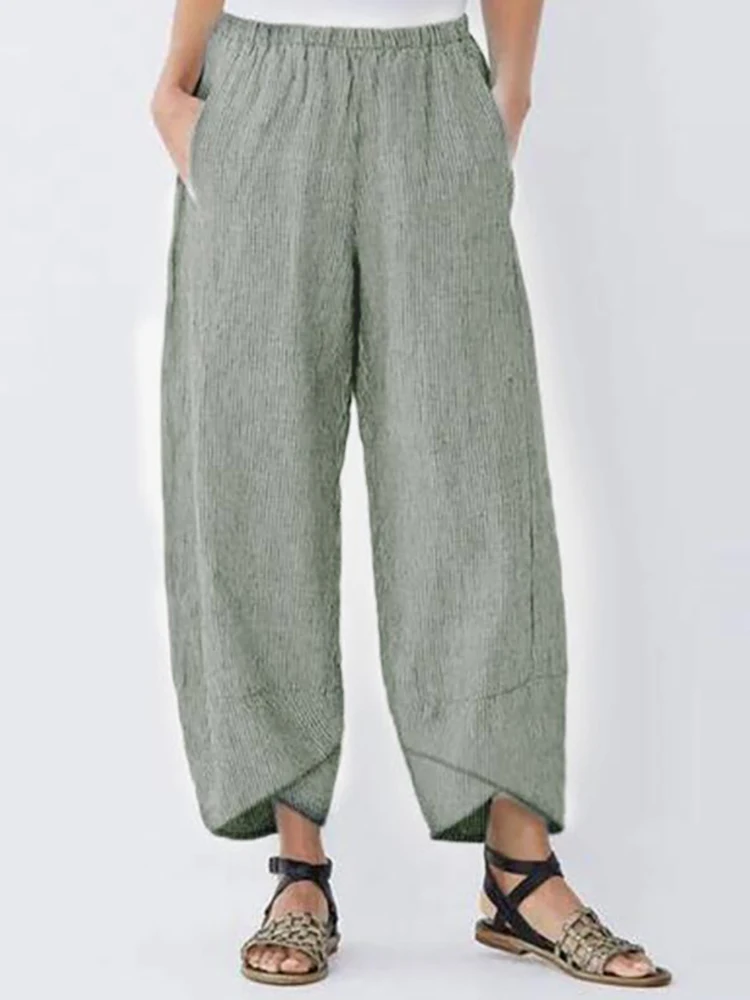 Women Cotton Linen Harem Pants Vintage Printed Wide Leg Trousers Casual Solid Pockets Harajuku High Waist Baggy Pants Joggers