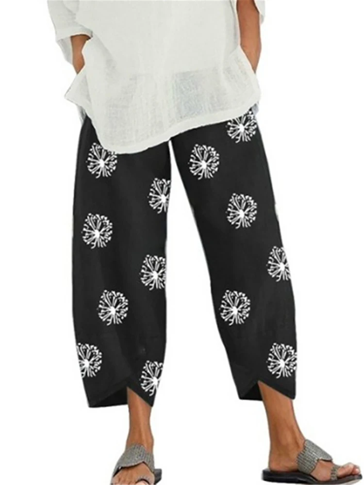 Women Cotton Linen Harem Pants Vintage Printed Wide Leg Trousers Casual Solid Pockets Harajuku High Waist Baggy Pants Joggers