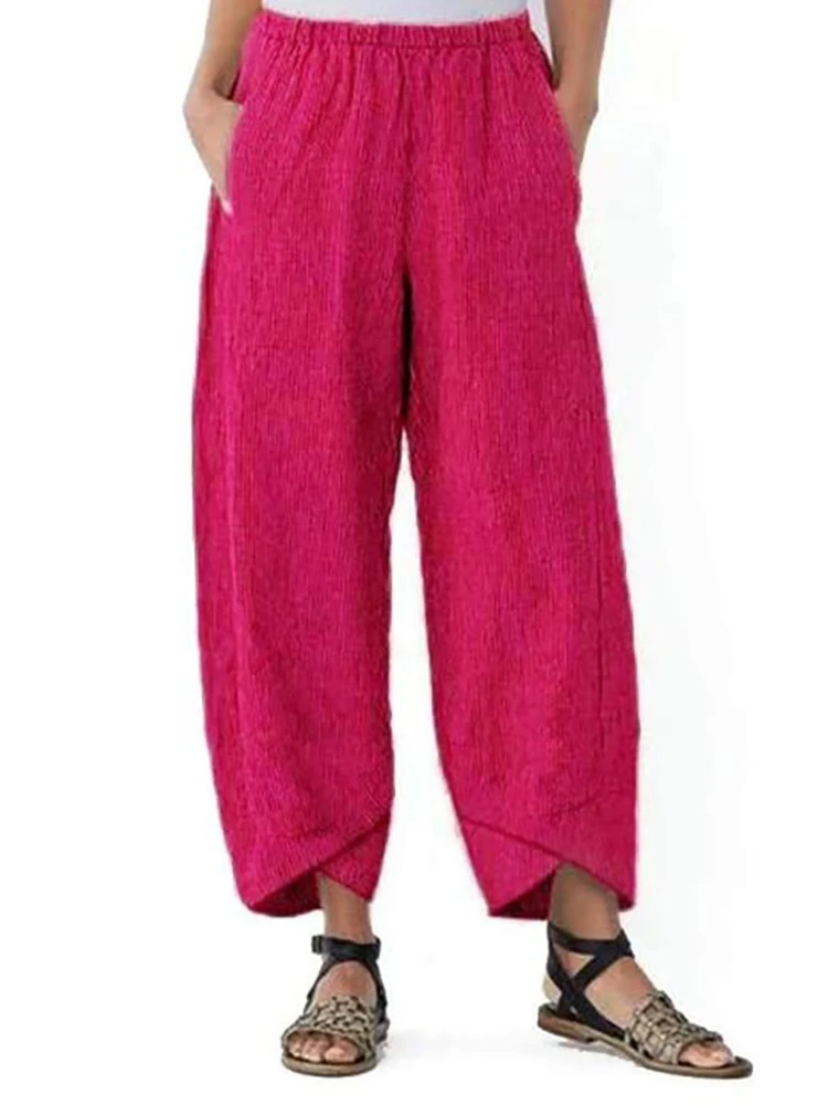 Women Cotton Linen Harem Pants Vintage Printed Wide Leg Trousers Casual Solid Pockets Harajuku High Waist Baggy Pants Joggers
