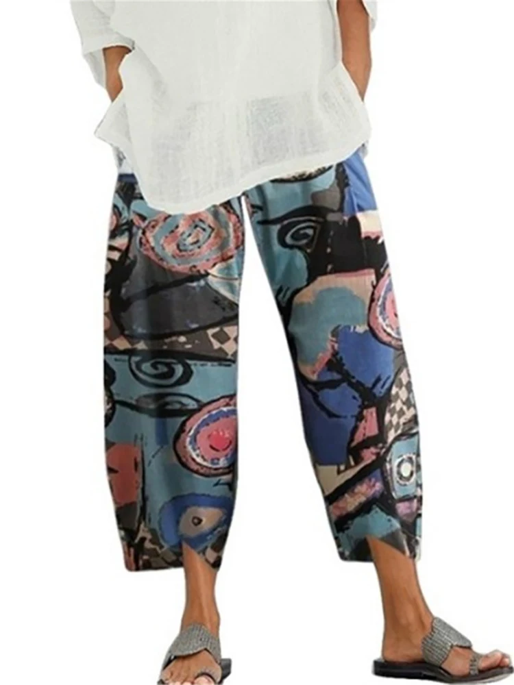 Women Cotton Linen Harem Pants Vintage Printed Wide Leg Trousers Casual Solid Pockets Harajuku High Waist Baggy Pants Joggers