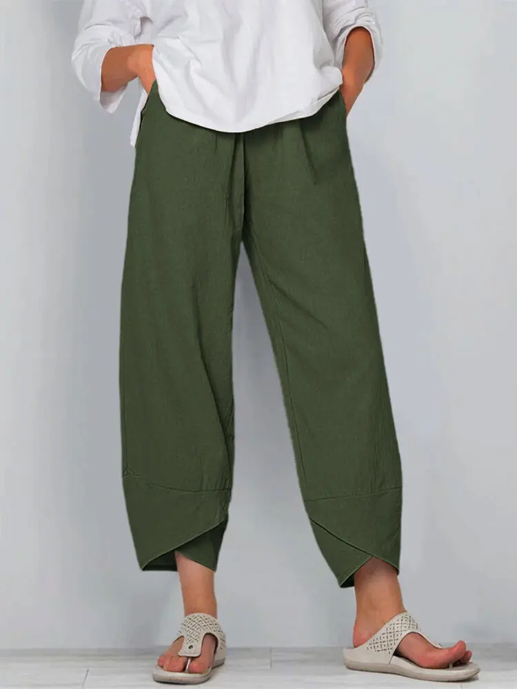 Women Cotton Linen Harem Pants Vintage Printed Wide Leg Trousers Casual Solid Pockets Harajuku High Waist Baggy Pants Joggers