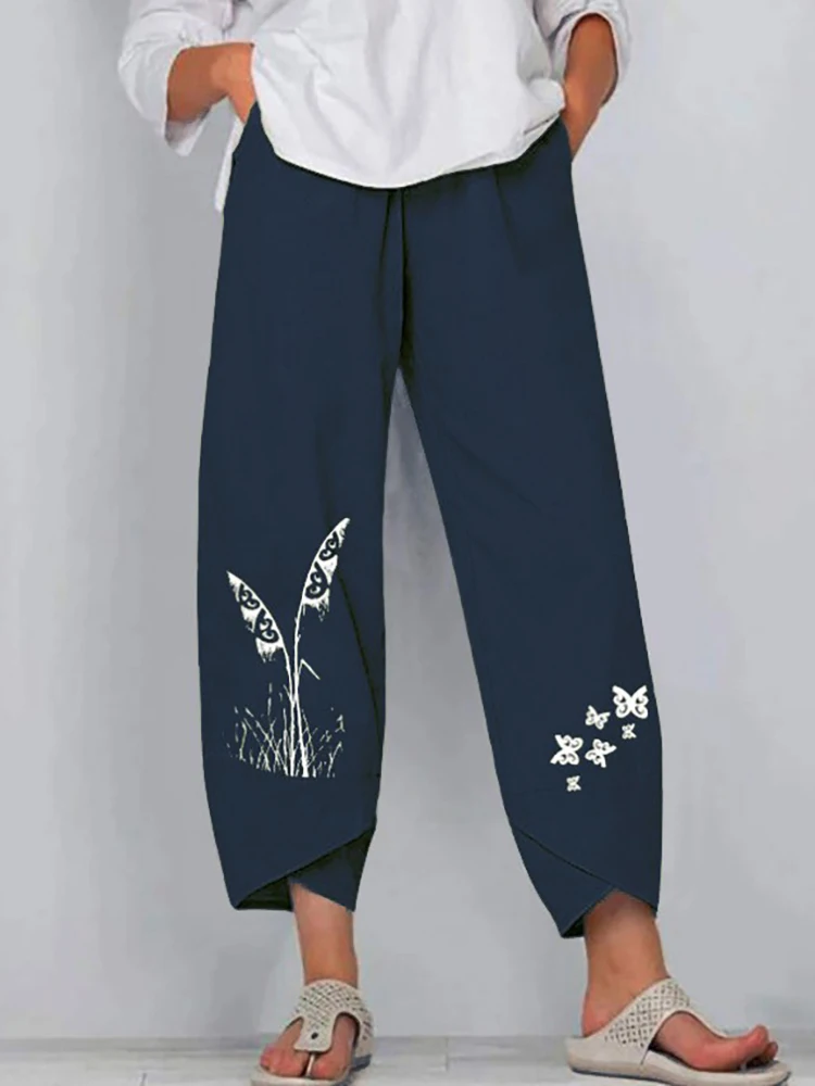 Women Cotton Linen Harem Pants Vintage Printed Wide Leg Trousers Casual Solid Pockets Harajuku High Waist Baggy Pants Joggers