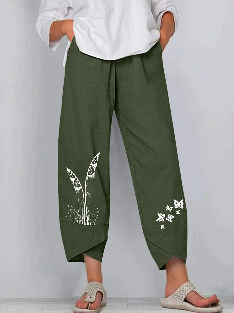 Women Cotton Linen Harem Pants Vintage Printed Wide Leg Trousers Casual Solid Pockets Harajuku High Waist Baggy Pants Joggers