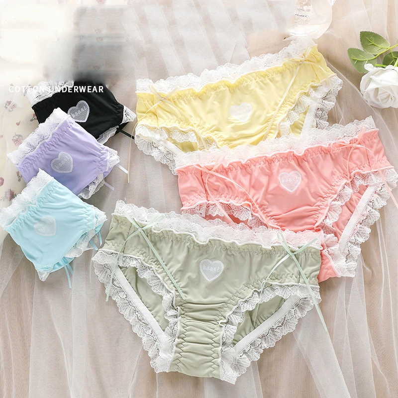 Japanese Style Soft Ice Silk Cute Lovely Sweety Lace Cotton Princess Cosplay Women Underwear Lolita Low Waist Breathable Panties
