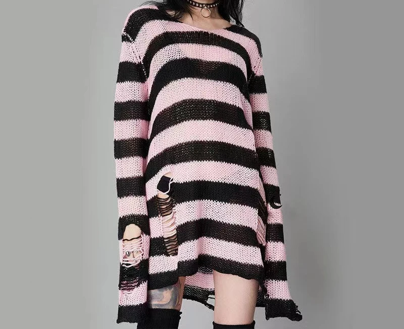 New Punk Gothic Long Unisex Sweater Summer Women Striped Cool Hollow Out Hole Broken Jumper Loose Rock Thin Dark Streetwear Top