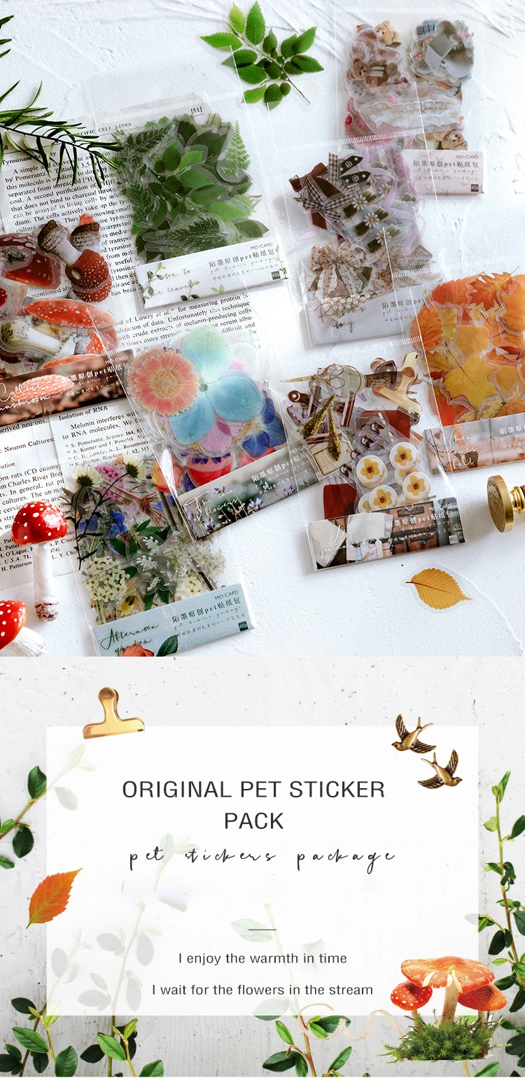 40Pcs/pack Plant Flower Mushroom Ginkgo PET Deco Diary Stickers Scrapbooking Planner INS Decorative Stationery Sticker