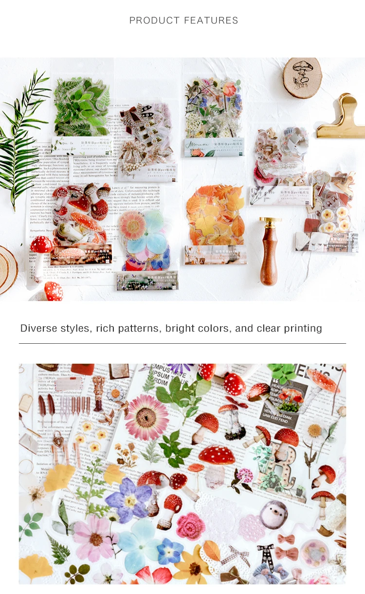 40Pcs/pack Plant Flower Mushroom Ginkgo PET Deco Diary Stickers Scrapbooking Planner INS Decorative Stationery Sticker