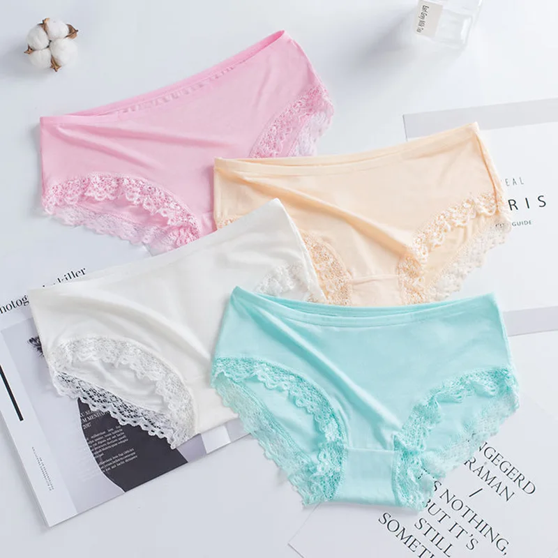Women's Sexy Panties Lace Cotton Lingerie Briefs Female Underpanties Solid Color Low Waist Girl Cute Underwear Shorts -XL