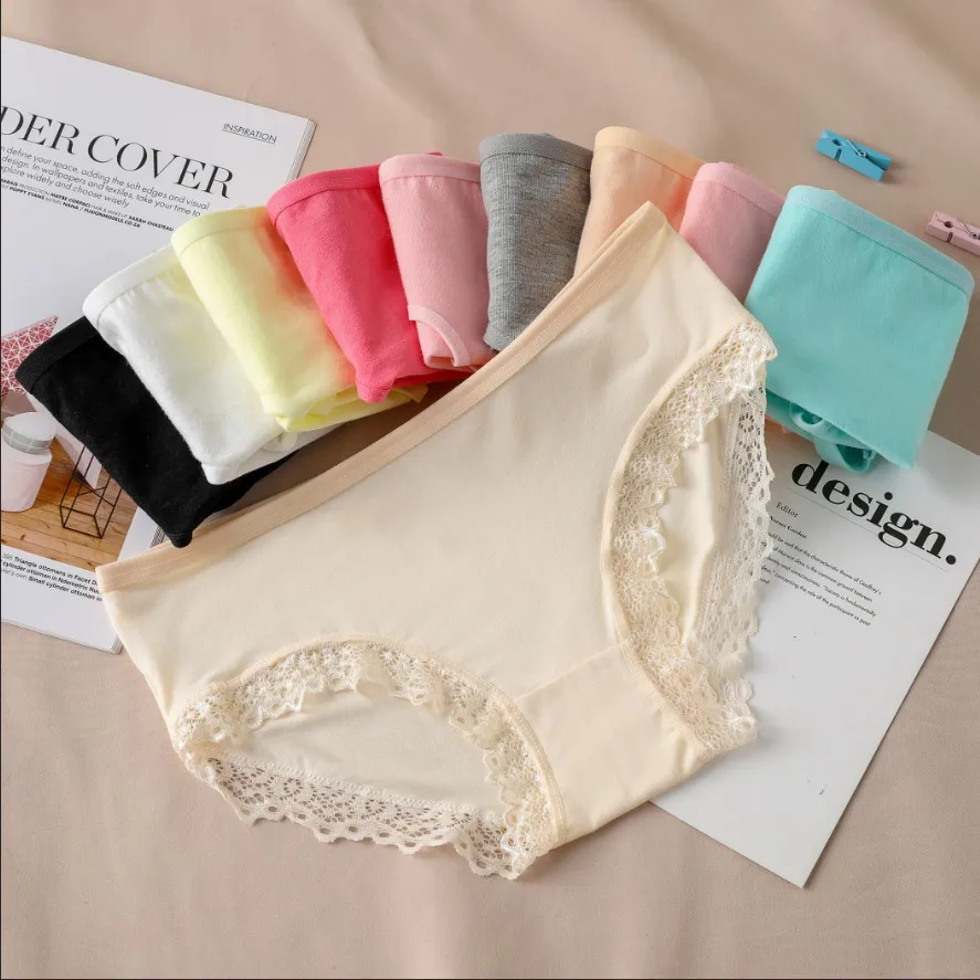Women's Sexy Panties Lace Cotton Lingerie Briefs Female Underpanties Solid Color Low Waist Girl Cute Underwear Shorts -XL