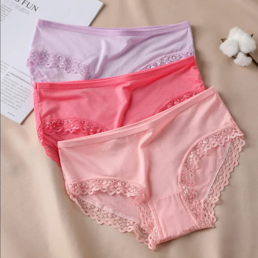 Women's Sexy Panties Lace Cotton Lingerie Briefs Female Underpanties Solid Color Low Waist Girl Cute Underwear Shorts -XL