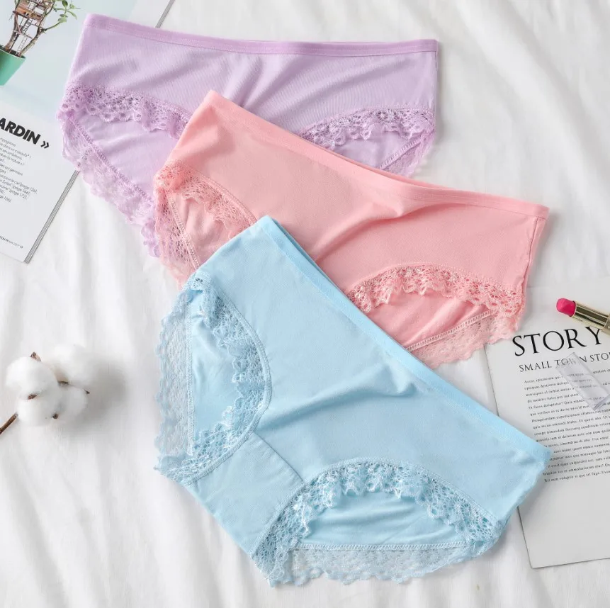 Women's Sexy Panties Lace Cotton Lingerie Briefs Female Underpanties Solid Color Low Waist Girl Cute Underwear Shorts -XL