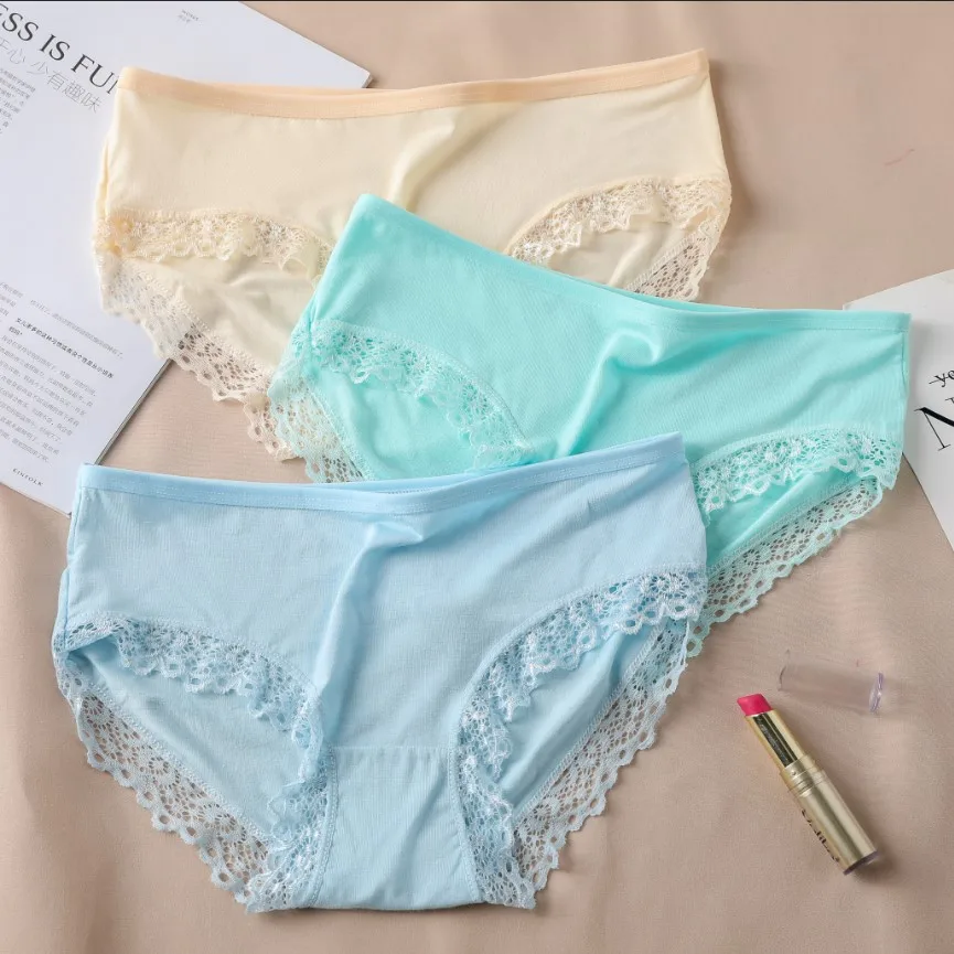 Women's Sexy Panties Lace Cotton Lingerie Briefs Female Underpanties Solid Color Low Waist Girl Cute Underwear Shorts -XL