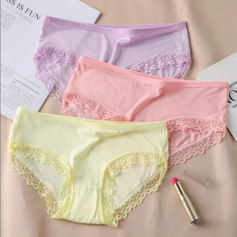 Women's Sexy Panties Lace Cotton Lingerie Briefs Female Underpanties Solid Color Low Waist Girl Cute Underwear Shorts -XL