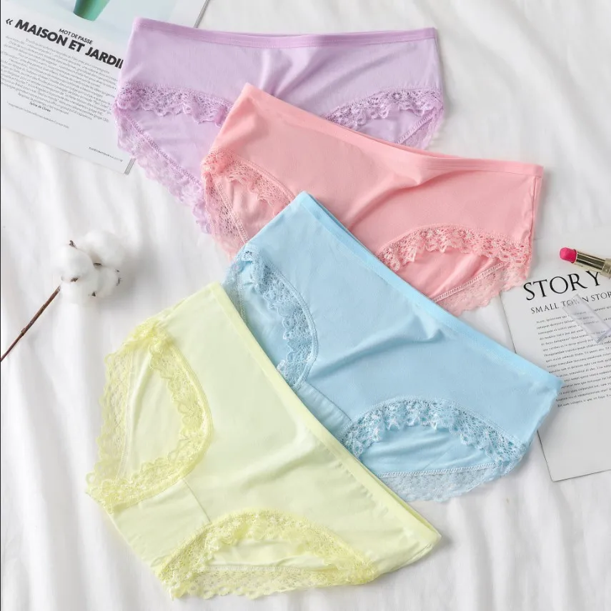 Women's Sexy Panties Lace Cotton Lingerie Briefs Female Underpanties Solid Color Low Waist Girl Cute Underwear Shorts -XL