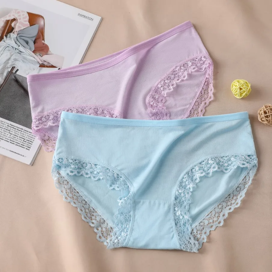 Women's Sexy Panties Lace Cotton Lingerie Briefs Female Underpanties Solid Color Low Waist Girl Cute Underwear Shorts -XL