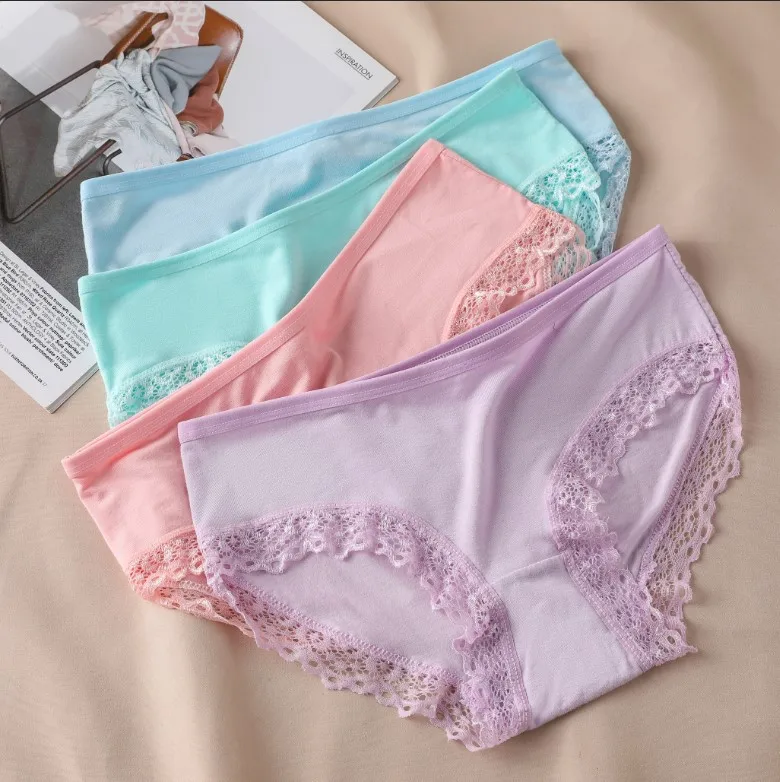 Women's Sexy Panties Lace Cotton Lingerie Briefs Female Underpanties Solid Color Low Waist Girl Cute Underwear Shorts -XL
