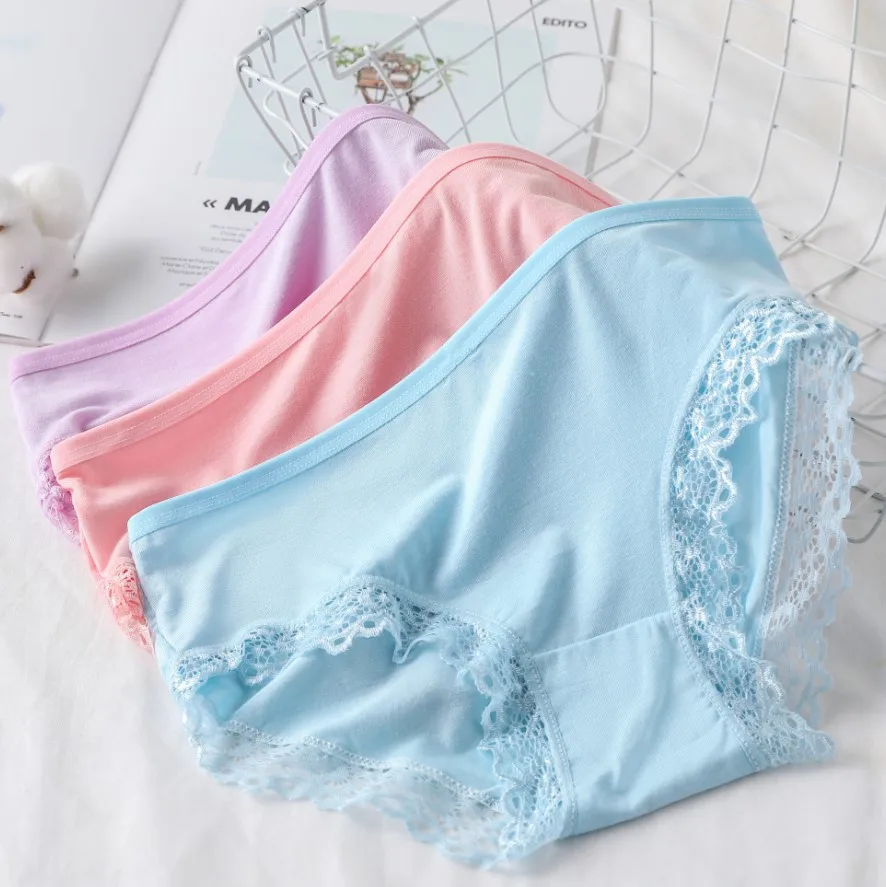 Women's Sexy Panties Lace Cotton Lingerie Briefs Female Underpanties Solid Color Low Waist Girl Cute Underwear Shorts -XL