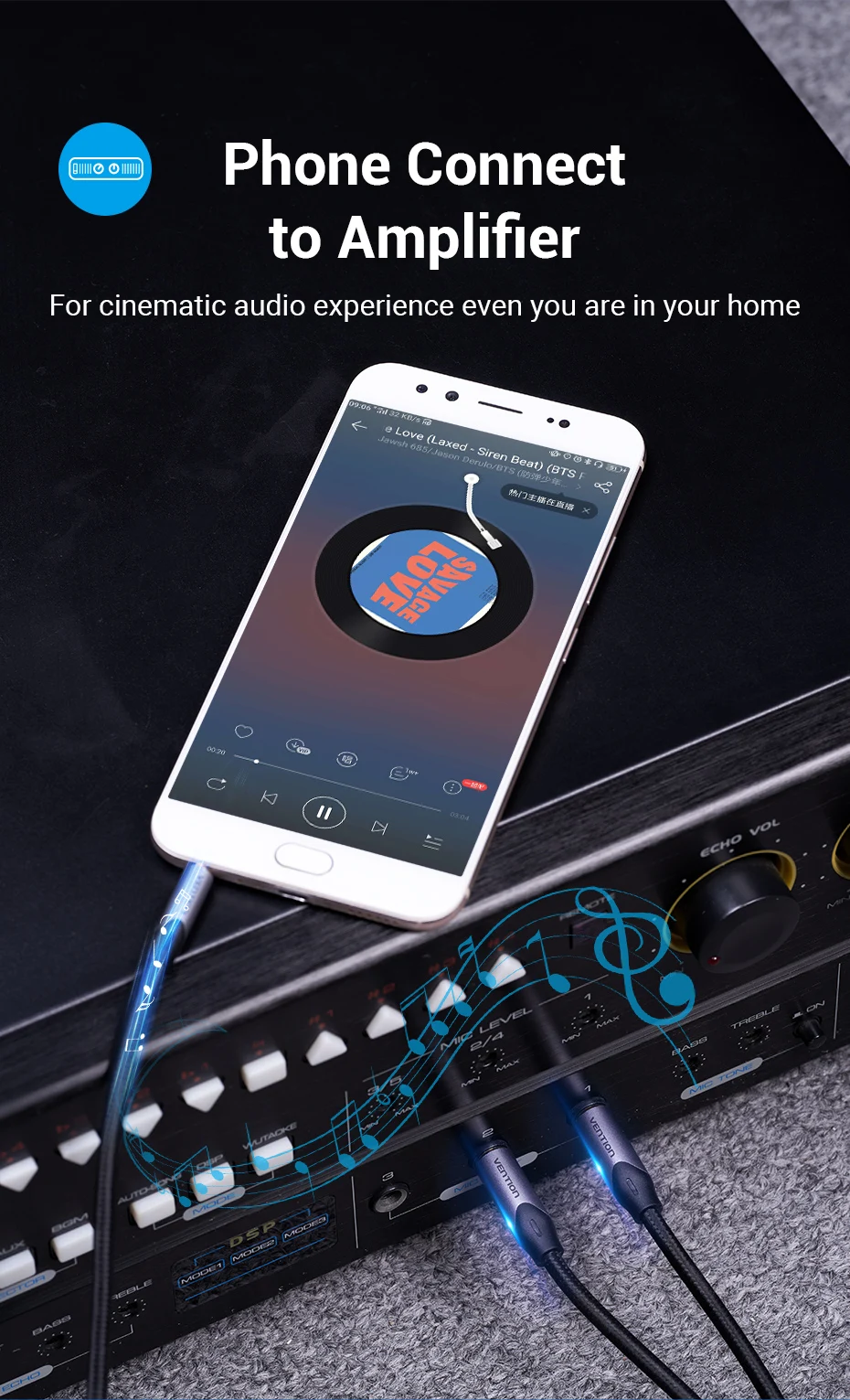 Vention 3.5mm to Double 6.5mm TRS Cable AUX Male Mono 6.5 Jack to Stereo 3.5 Jack Audio Cable for Mixer Amplifier 6.35mm Adapter