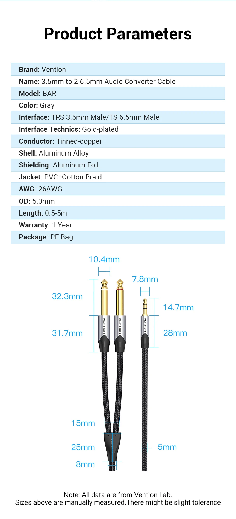 Vention 3.5mm to Double 6.5mm TRS Cable AUX Male Mono 6.5 Jack to Stereo 3.5 Jack Audio Cable for Mixer Amplifier 6.35mm Adapter