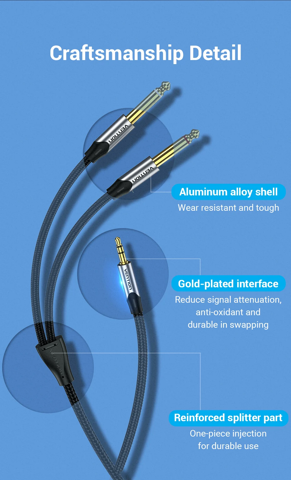 Vention 3.5mm to Double 6.5mm TRS Cable AUX Male Mono 6.5 Jack to Stereo 3.5 Jack Audio Cable for Mixer Amplifier 6.35mm Adapter
