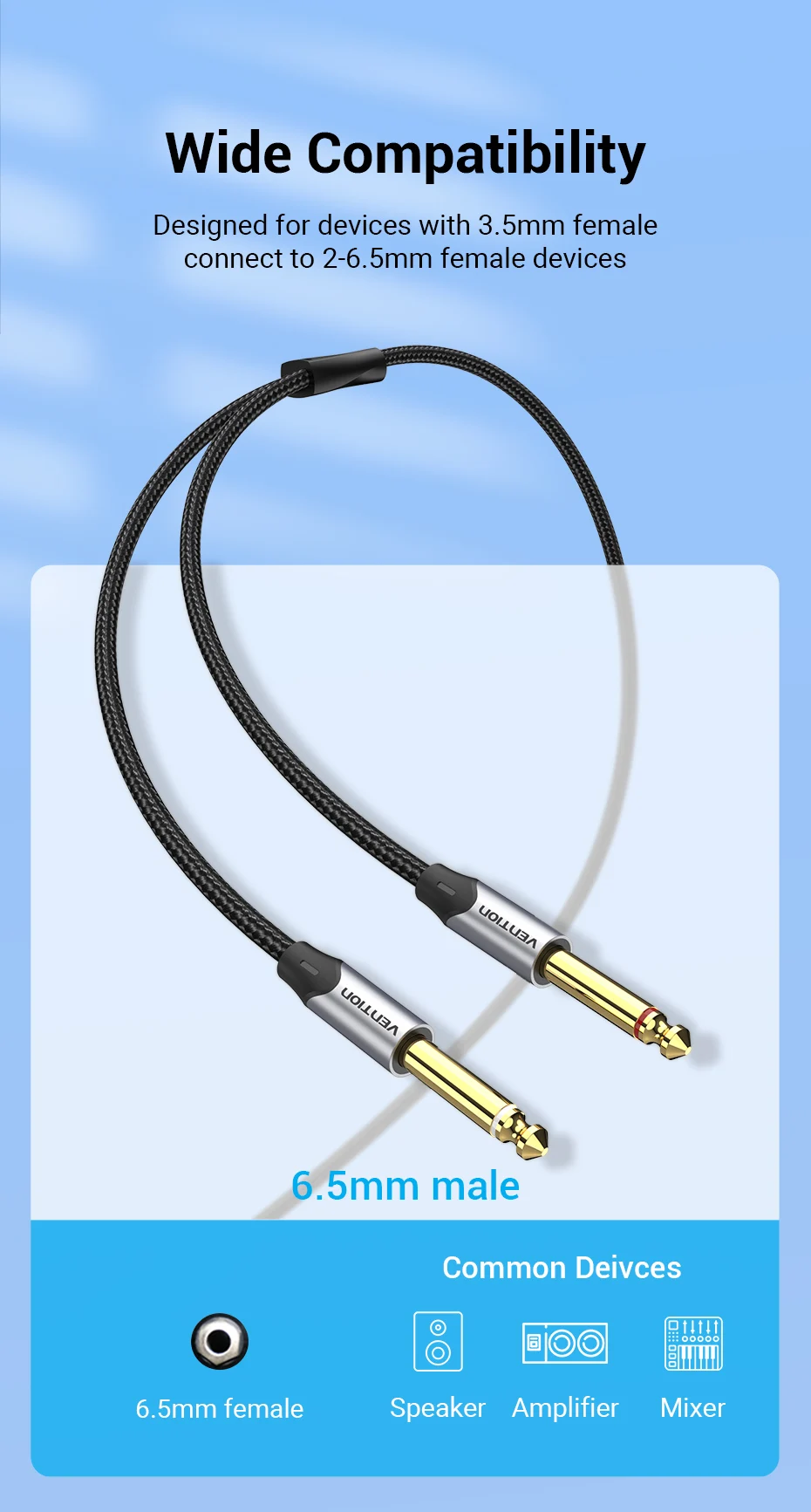 Vention 3.5mm to Double 6.5mm TRS Cable AUX Male Mono 6.5 Jack to Stereo 3.5 Jack Audio Cable for Mixer Amplifier 6.35mm Adapter