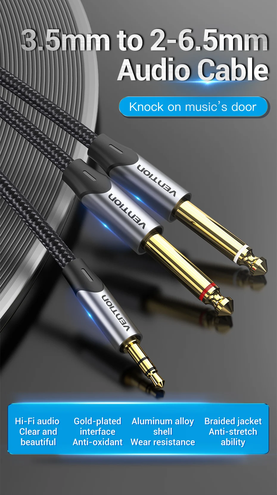 Vention 3.5mm to Double 6.5mm TRS Cable AUX Male Mono 6.5 Jack to Stereo 3.5 Jack Audio Cable for Mixer Amplifier 6.35mm Adapter