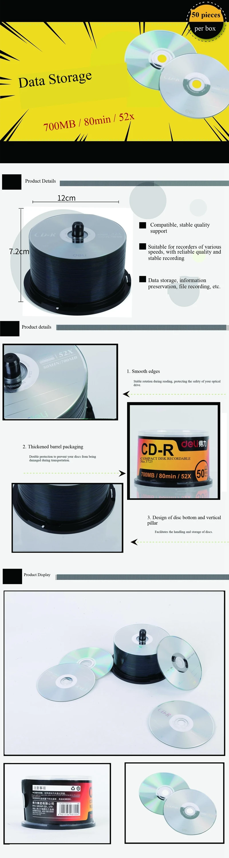 4PCS/LOT Deli 3725 CD-R Blank Discs Recordable Compact Disc 700MB/80min/52x CD-R BLANK Discs