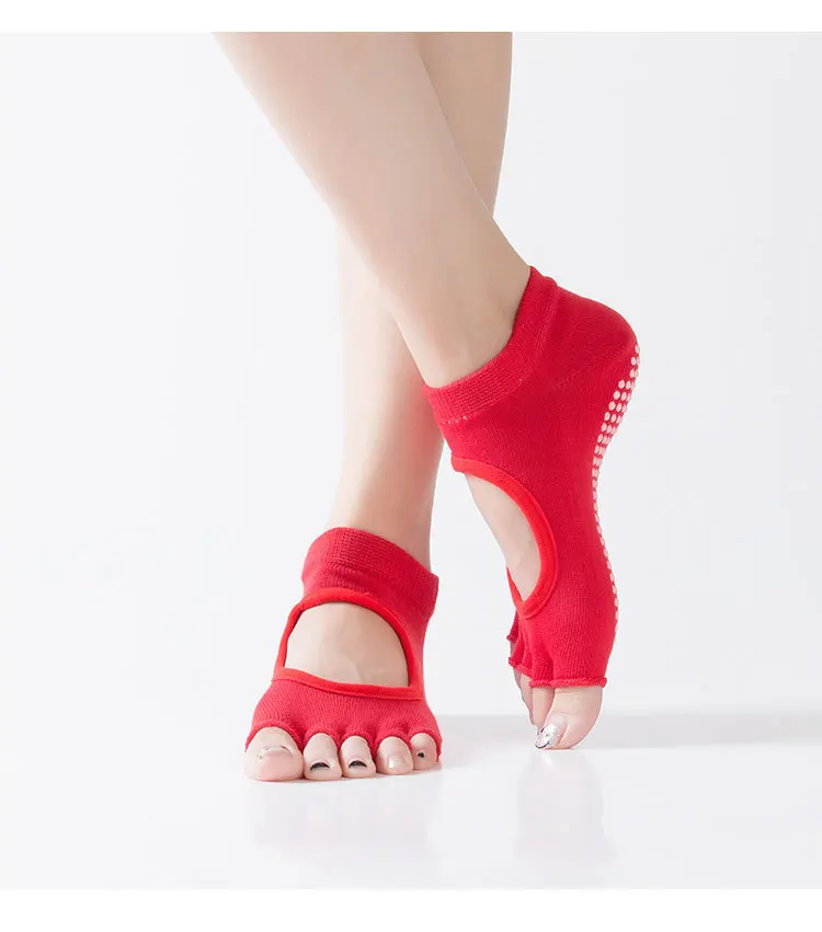 Women Five Toe Backless Pilates Socks Non-Slip Fitness Workout Yoga Socks Ladies Breathable Sports Ballet Dance Slippers for Gym