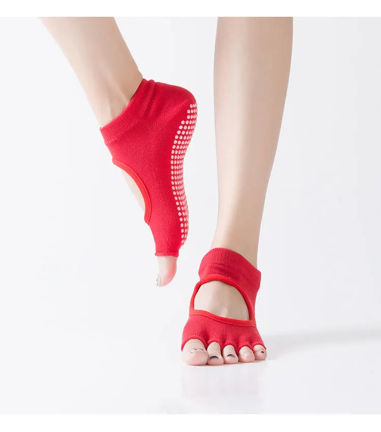 Women Five Toe Backless Pilates Socks Non-Slip Fitness Workout Yoga Socks Ladies Breathable Sports Ballet Dance Slippers for Gym