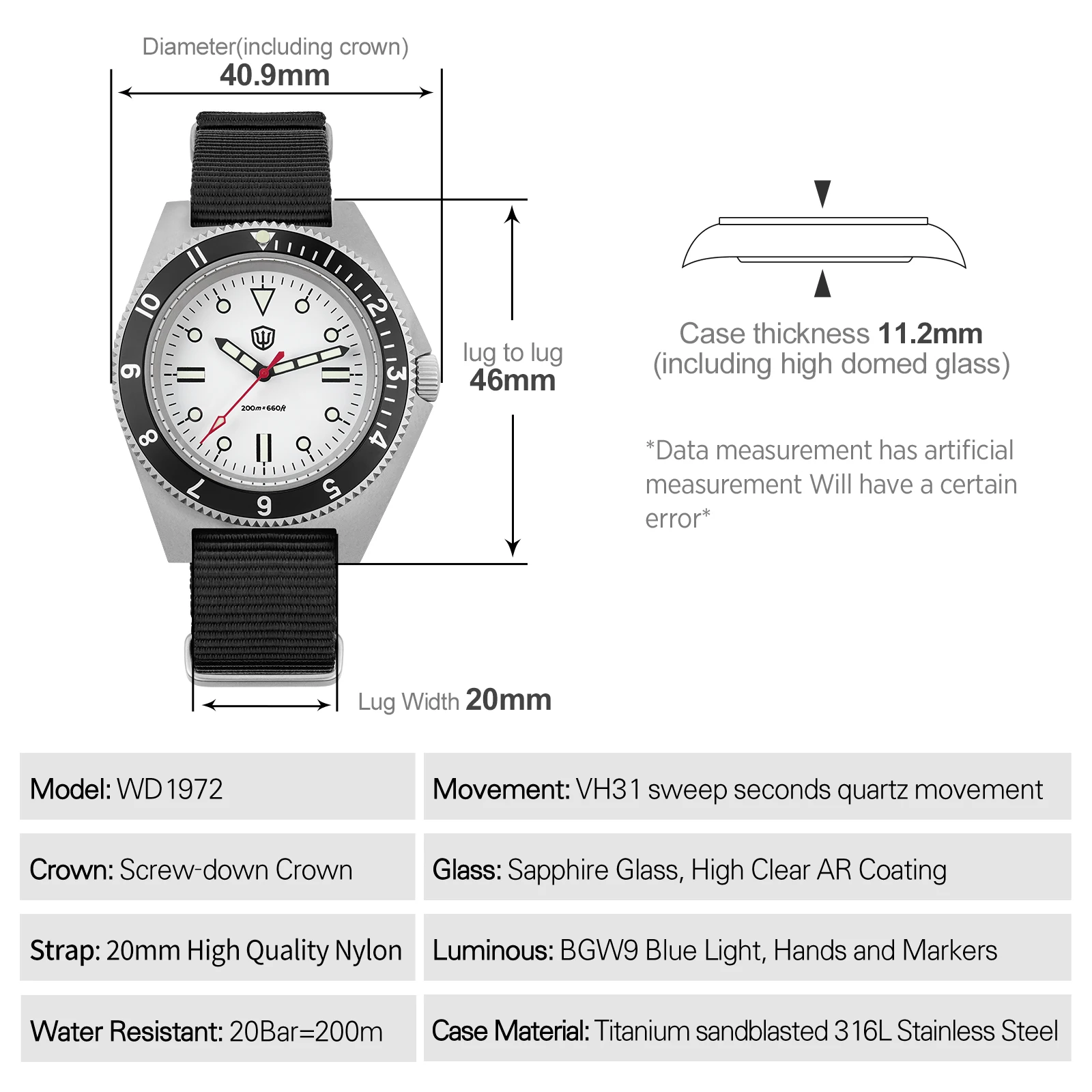 Watchdives WD1972 Quartz Watch VH31 Sweep Seconds Movement Sapphire Crystal BGW9 Luminous 20Bar Waterproof Vintage Men Watches