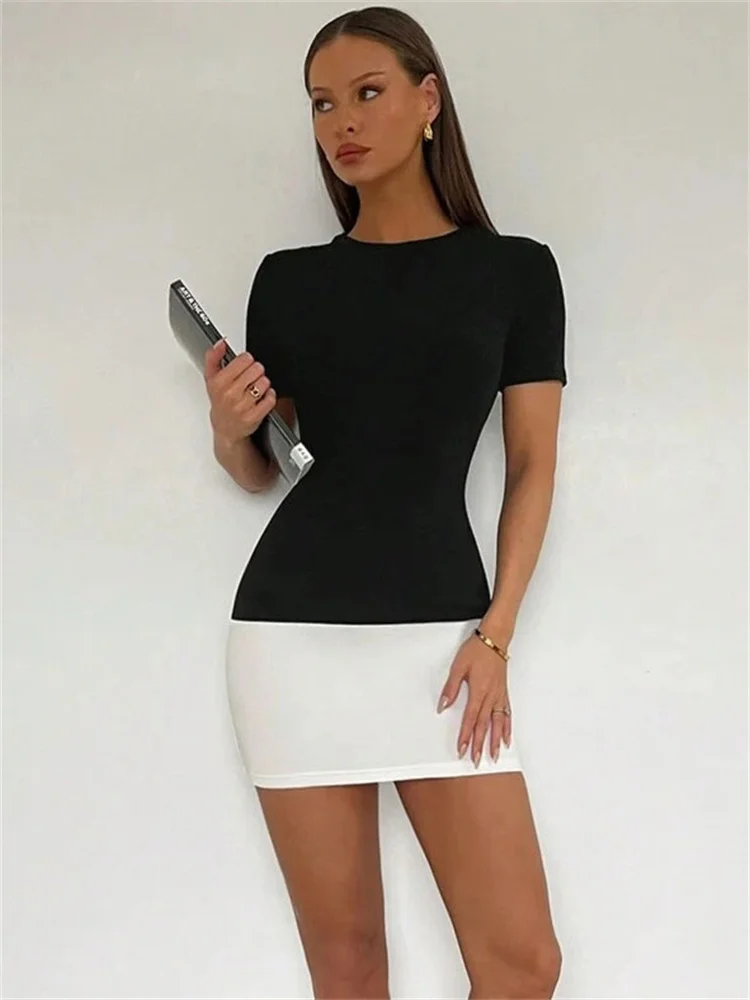 Tossy Summer Female Contrast Mini Dress Casual High Waist Short Sleeve Sexy Skinny Patchwork Bodycon Dress Women's Mini Dress