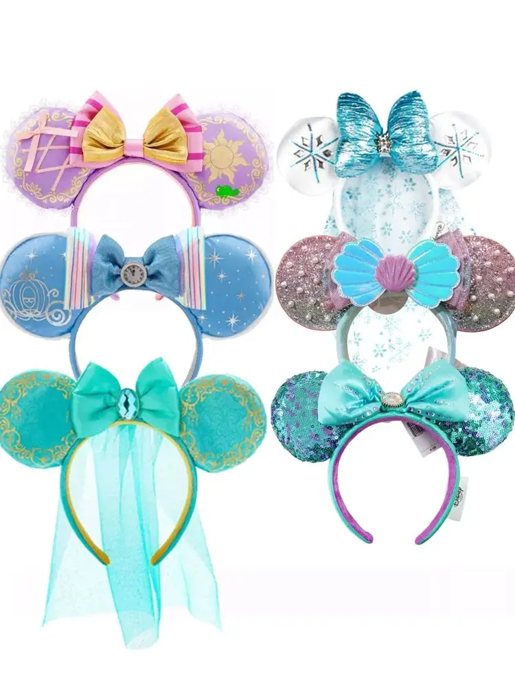 2025 Disney Princess Seris Mickey Mouse Headband Disneyland Minnie Ears PU Leather Headwear Children Girl Toys Decoration