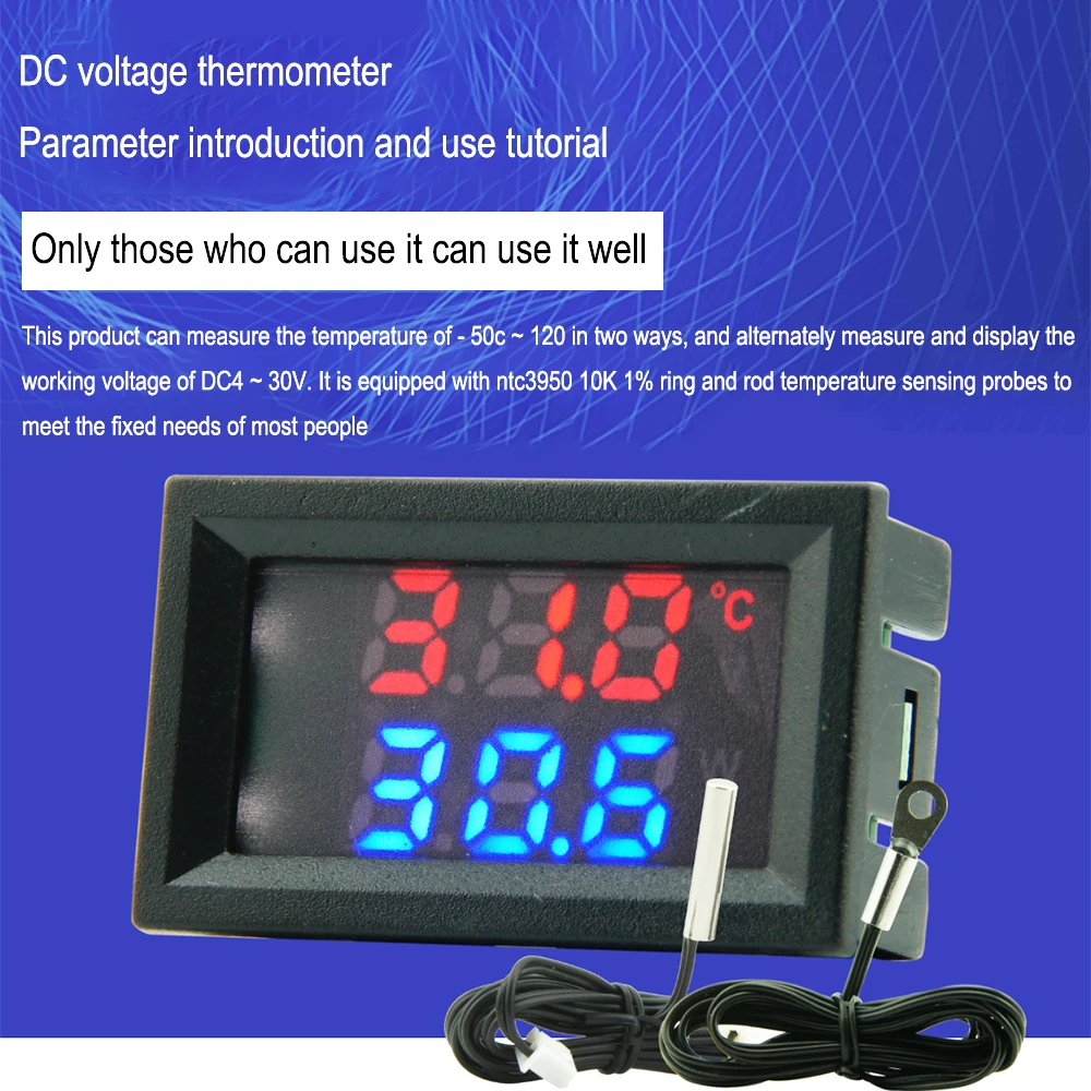 DC 4-30V LED Display Dual Red Blue Green Digital Temperature Sensor DC Single Voltage Dual Thermometer NTC 10K 3950 Probe Cable
