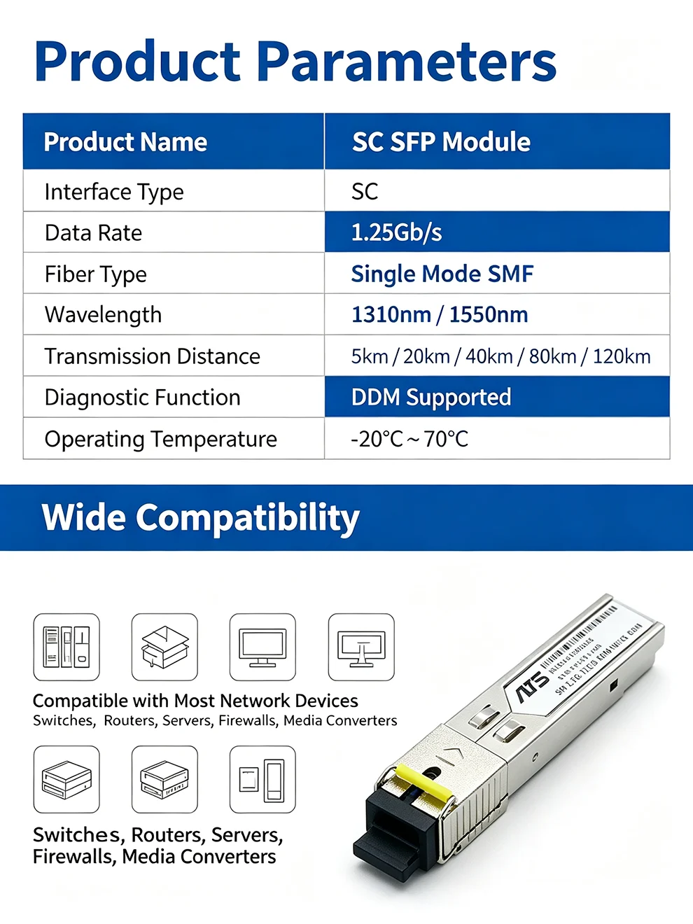 SFP Module SC Interface 1310/1550nm 1.25G BIDI Fiber Transceiver DDM Gigabit SFP Optical Module Compatible with H3C Cisco Huawei