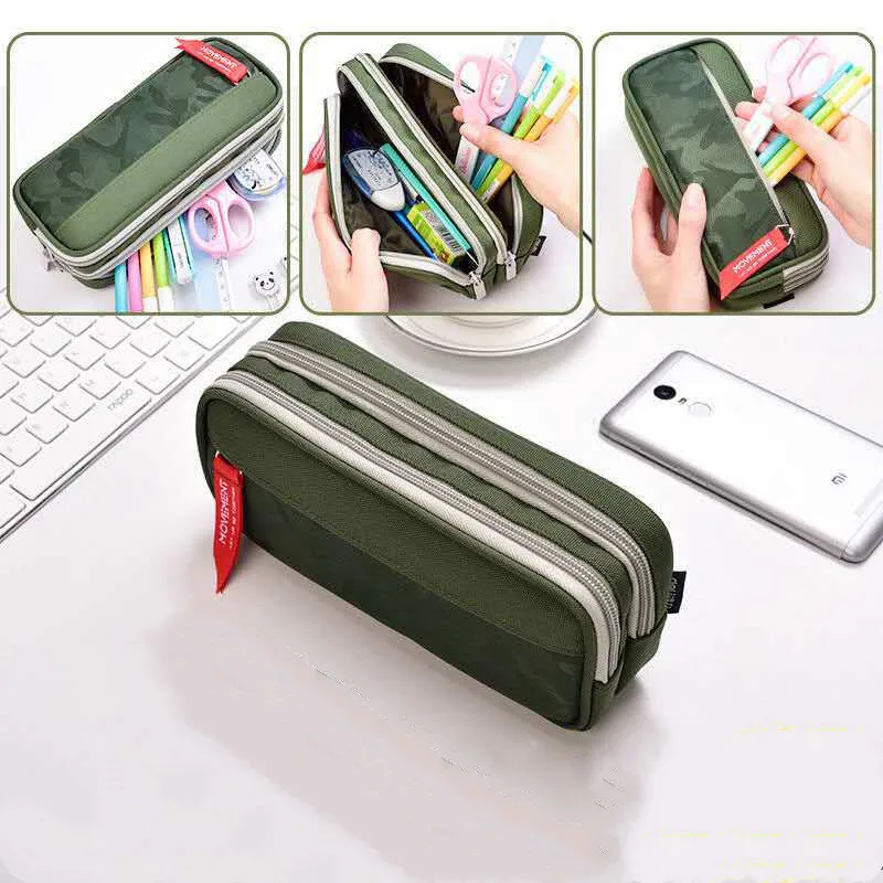 Double zipper camouflage canvas pencil case Boys pencil bag School stationery bag Student pen case School supplies storage bags