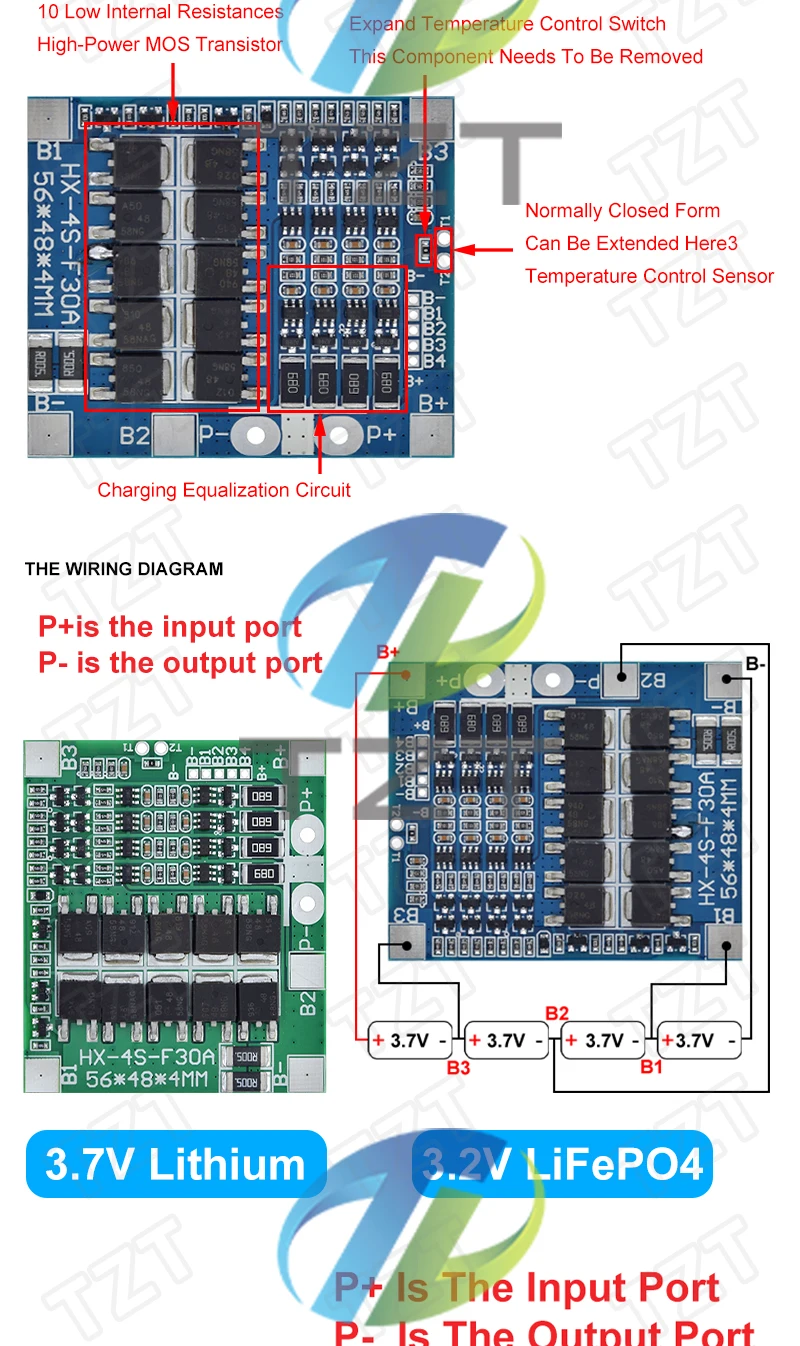 BMS 4S 3.2V 3.7V 30A LiFePO4 / Lithium Battery Charge Protection Board 12.8V 14.4V 18650 32650 Battery Packs With Balance