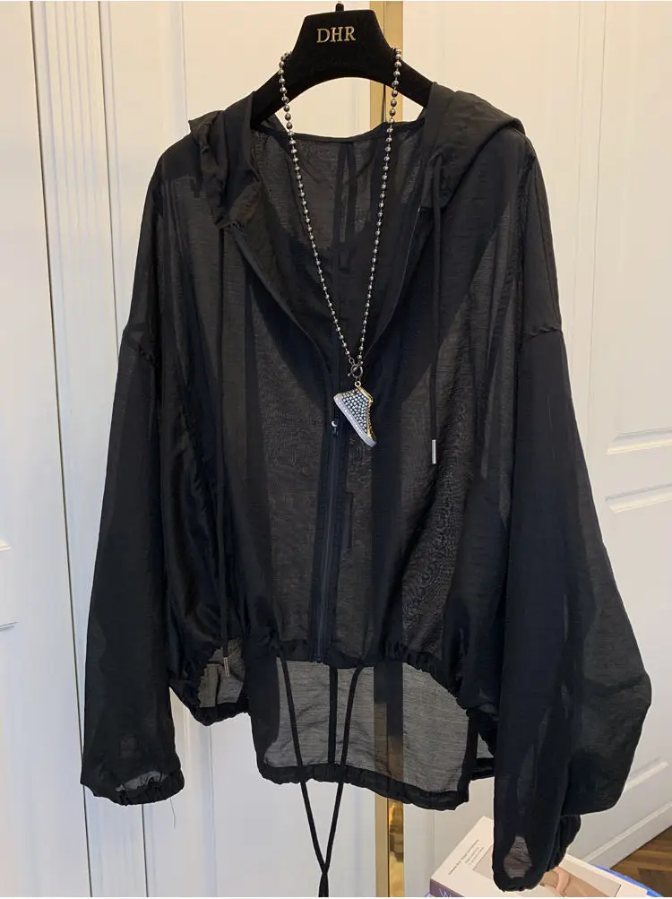 Jackets Women Hooded Summer Sun-proof Zipper Coats Thin Loose See Through Outerwear Breathable Outwear Lightweight Clothes Black