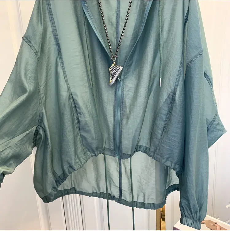 Jackets Women Hooded Summer Sun-proof Zipper Coats Thin Loose See Through Outerwear Breathable Outwear Lightweight Clothes Black