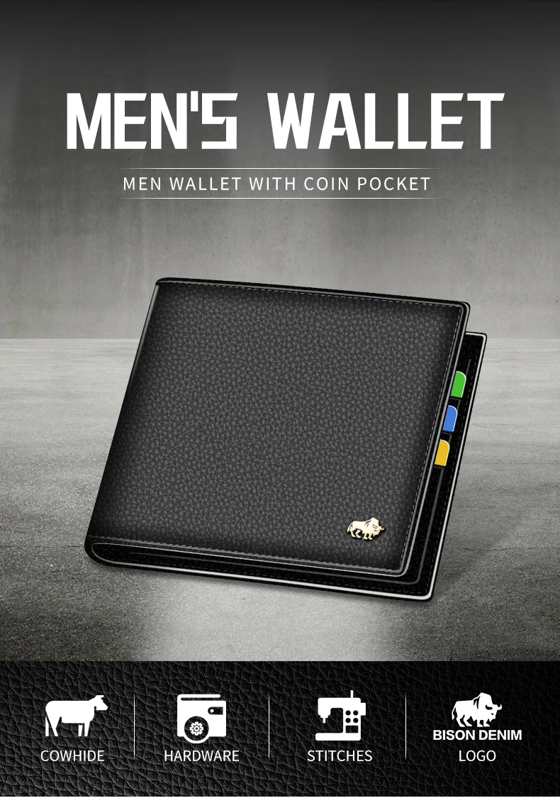 BISON DENIM Genuine Leather Men Wallets Brand Luxury RFID Bifold Wallet Zipper Coin Purse Business Card Holder Wallet N4470