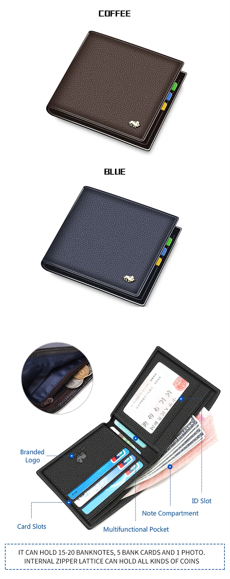 BISON DENIM Genuine Leather Men Wallets Brand Luxury RFID Bifold Wallet Zipper Coin Purse Business Card Holder Wallet N4470
