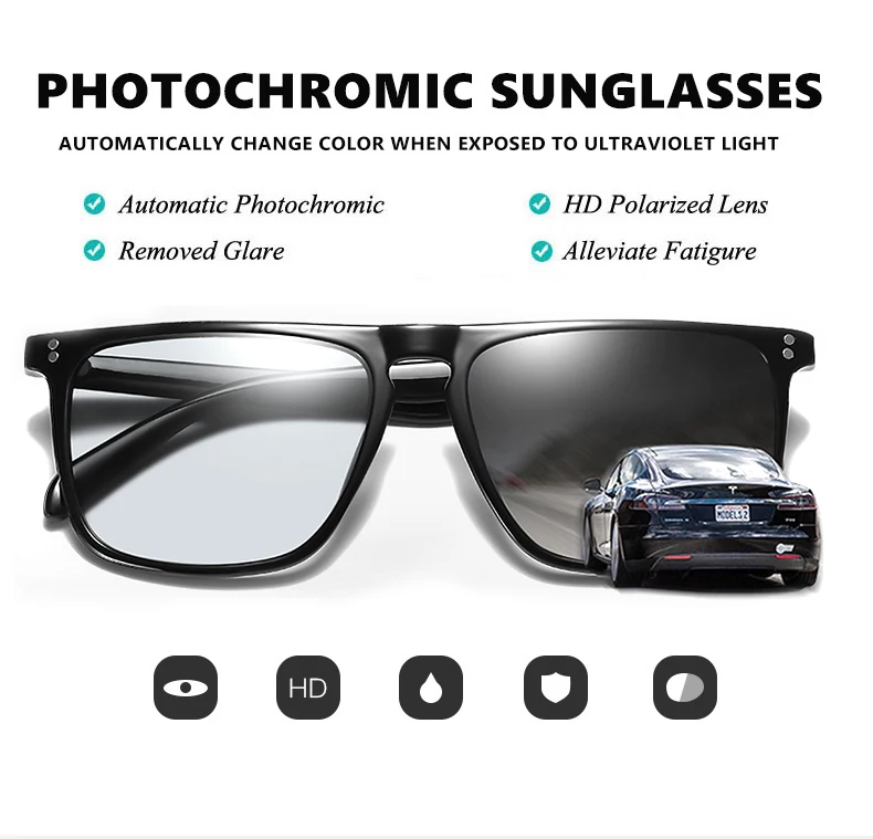Brand Rivet Square Photochromic Sunglasses Men Polarized Women Driving Sun Glasses Day Night Vision Anti-Glare zonnebril heren