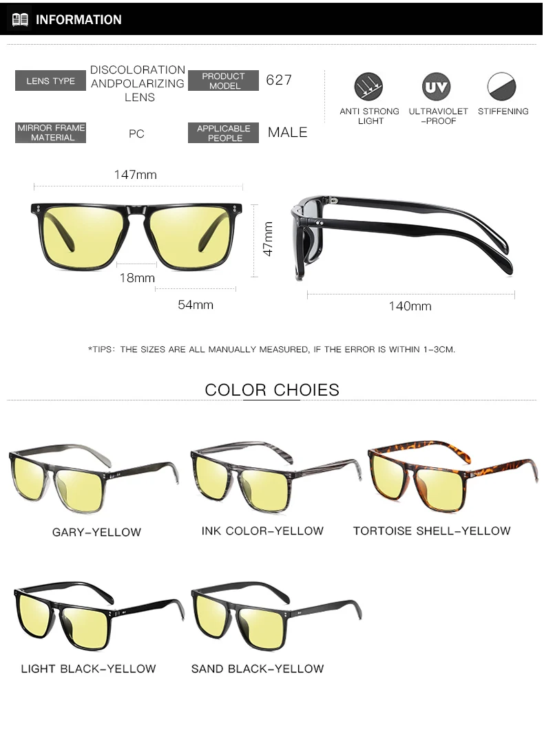 Brand Rivet Square Photochromic Sunglasses Men Polarized Women Driving Sun Glasses Day Night Vision Anti-Glare zonnebril heren