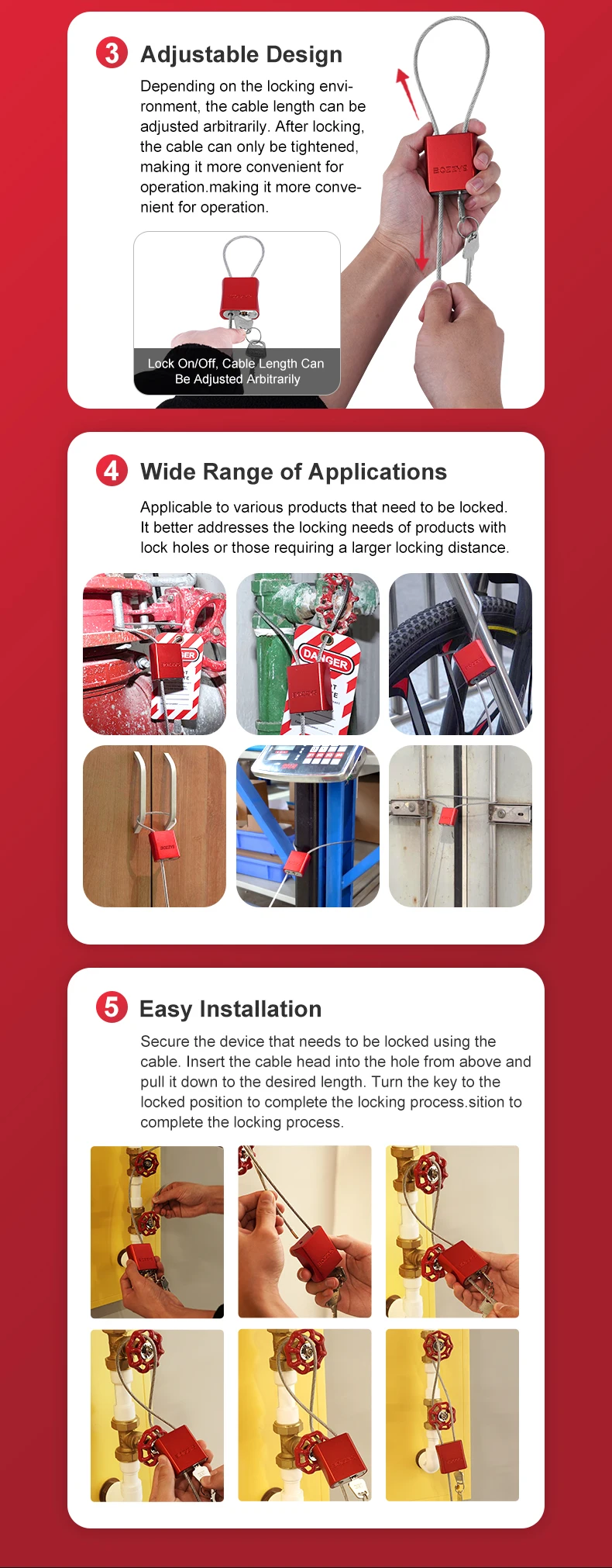 Adjustable Steel Cable Lock with 3 Keys Aluminum Alloy Padlock for Bicycle Locker Gate Toolbox Outdoor Equipment