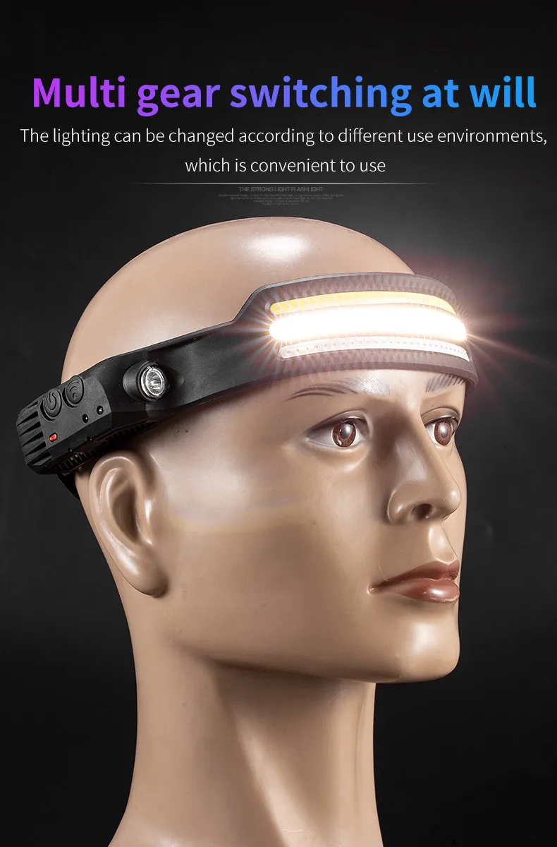 COB LED Sensor Head Lamp Induction Headlamp Built-in Battery Flashlight USB Rechargeable Head Torch 5 Lighting Modes Headlight