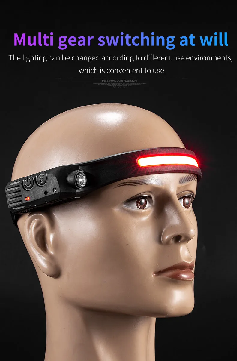 COB LED Sensor Head Lamp Induction Headlamp Built-in Battery Flashlight USB Rechargeable Head Torch 5 Lighting Modes Headlight