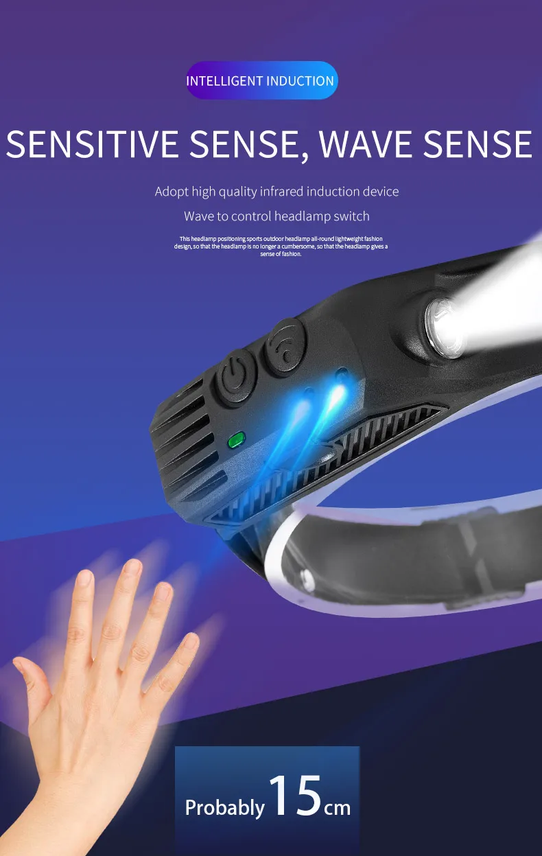COB LED Sensor Head Lamp Induction Headlamp Built-in Battery Flashlight USB Rechargeable Head Torch 5 Lighting Modes Headlight