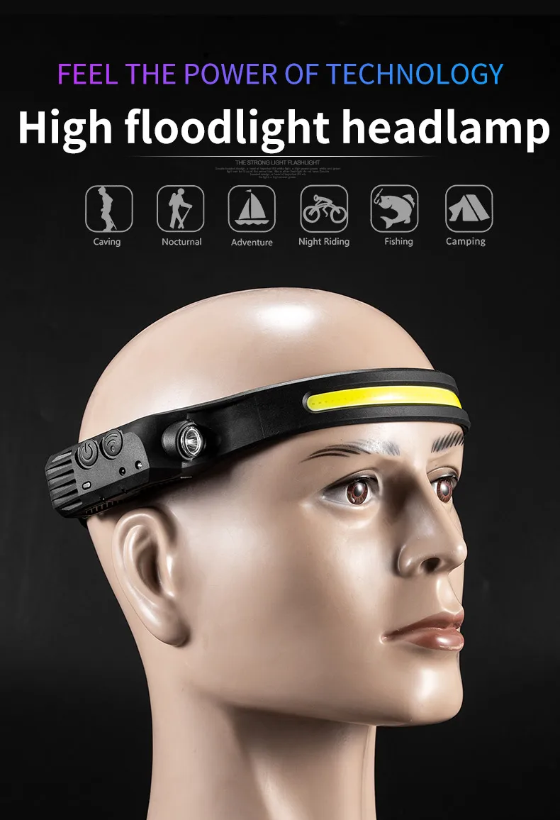 COB LED Sensor Head Lamp Induction Headlamp Built-in Battery Flashlight USB Rechargeable Head Torch 5 Lighting Modes Headlight