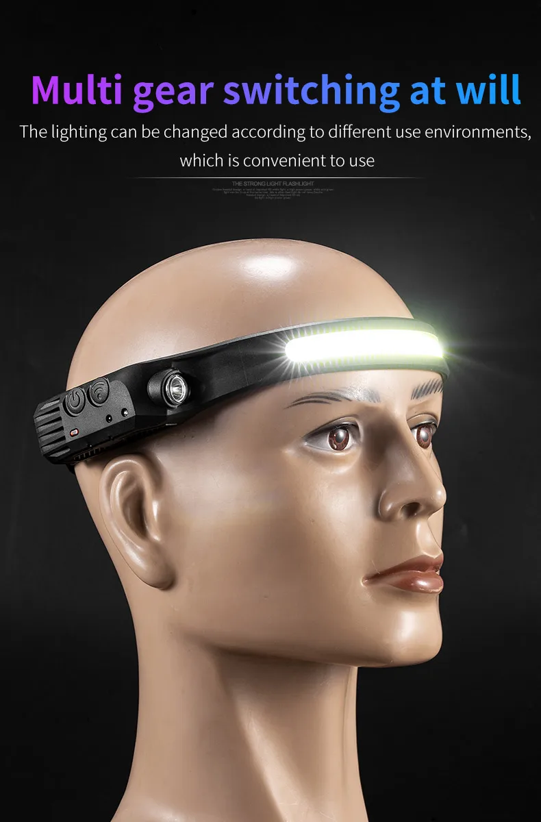 COB LED Sensor Head Lamp Induction Headlamp Built-in Battery Flashlight USB Rechargeable Head Torch 5 Lighting Modes Headlight