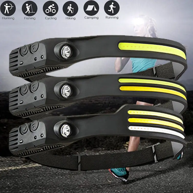 COB LED Sensor Head Lamp Induction Headlamp Built-in Battery Flashlight USB Rechargeable Head Torch 5 Lighting Modes Headlight